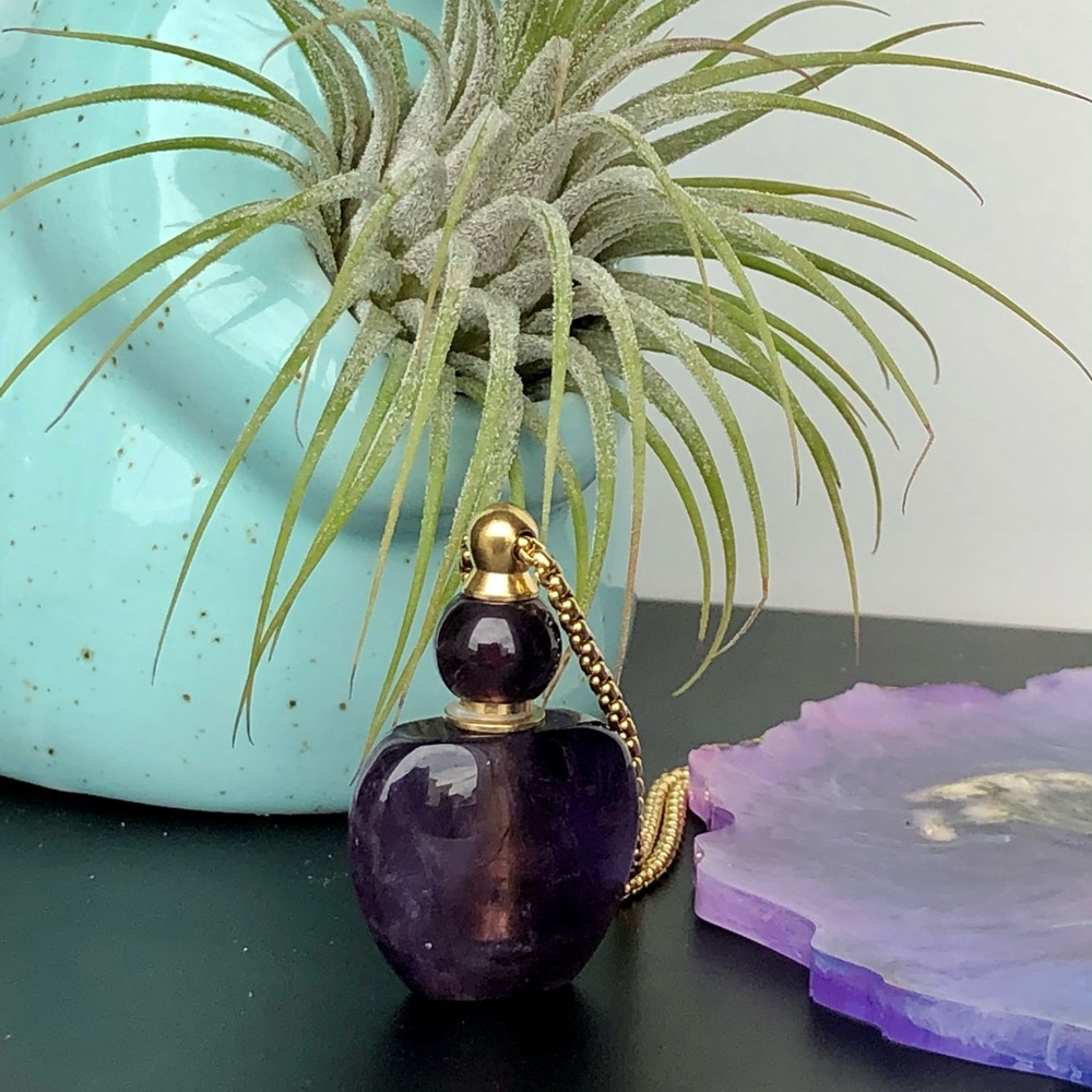 COPY - Amethyst Gemstone Perfume Bottle Essential Oil Necklace Pendant Gold Cha…